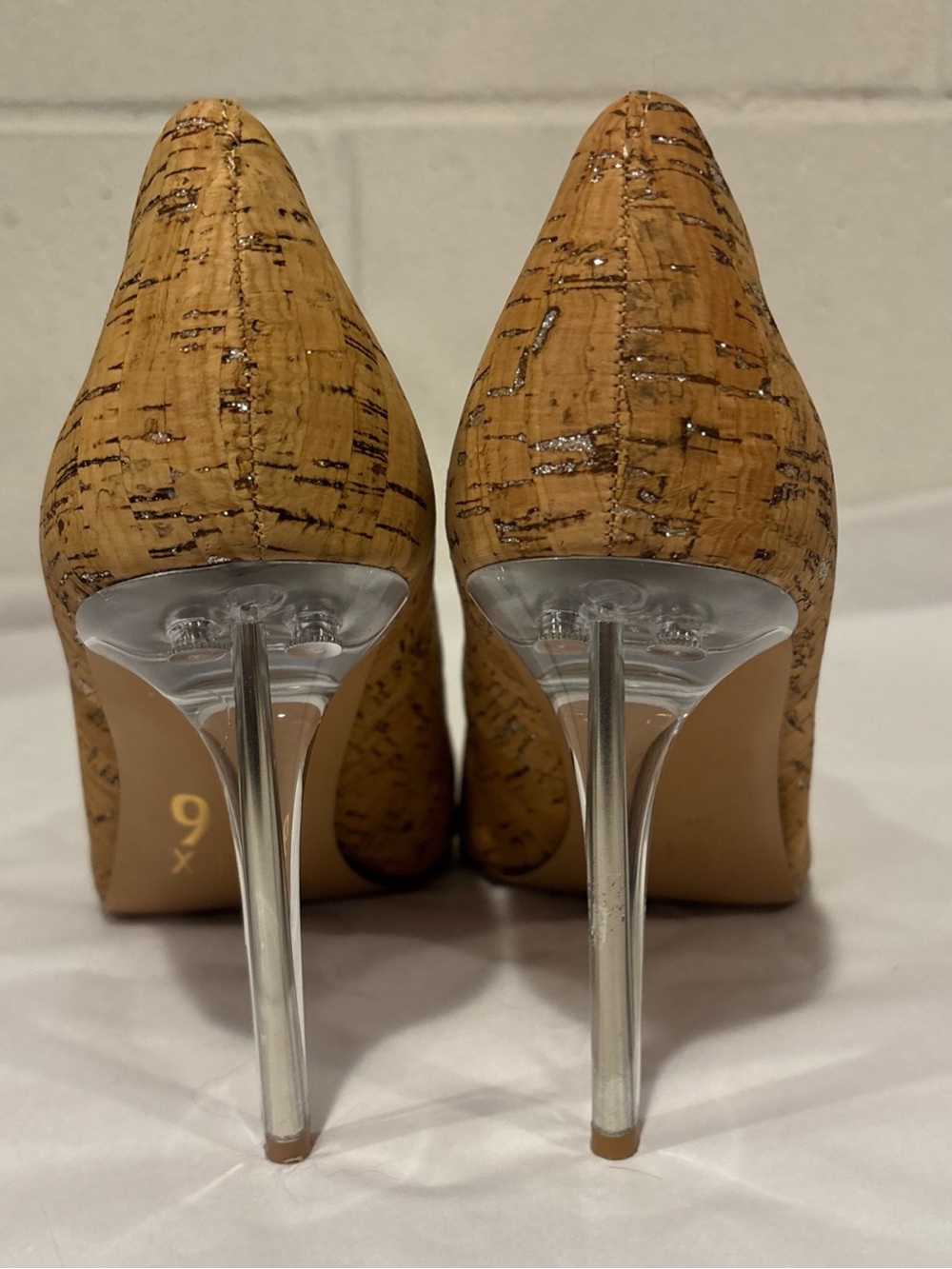 Mix No 6 Forest Cork Pumps Heels Clear Lucite Stilettos Silver Flecks 10M - Picture 5 of 10